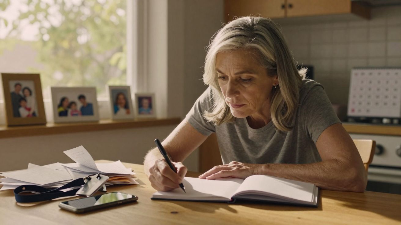 Mulher de meia-idade sentada à mesa, escrevendo num caderno com documentos e telemóvel à sua frente.