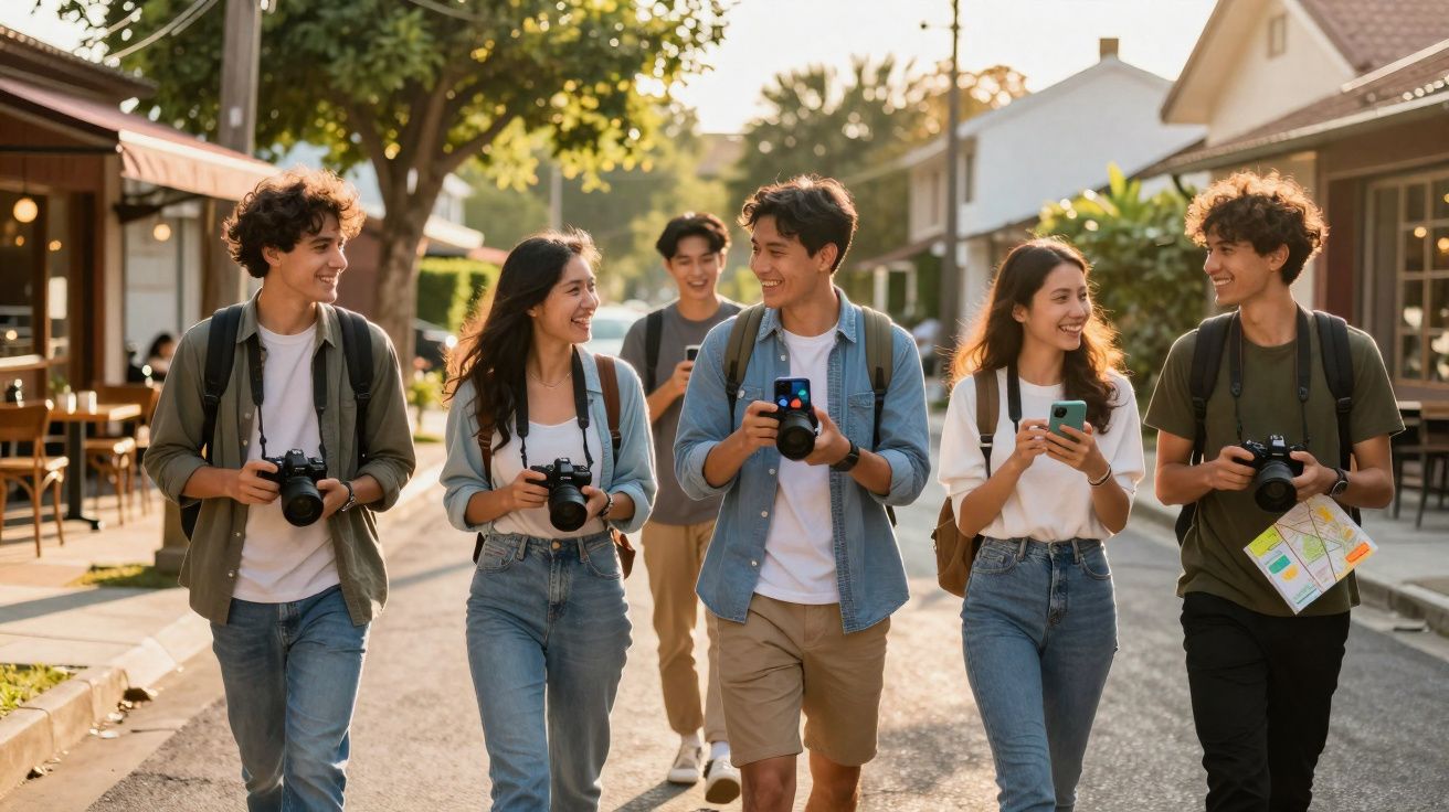 Jovens felizes a caminhar na rua com câmaras e telemóveis ao entardecer, num dia de sol.