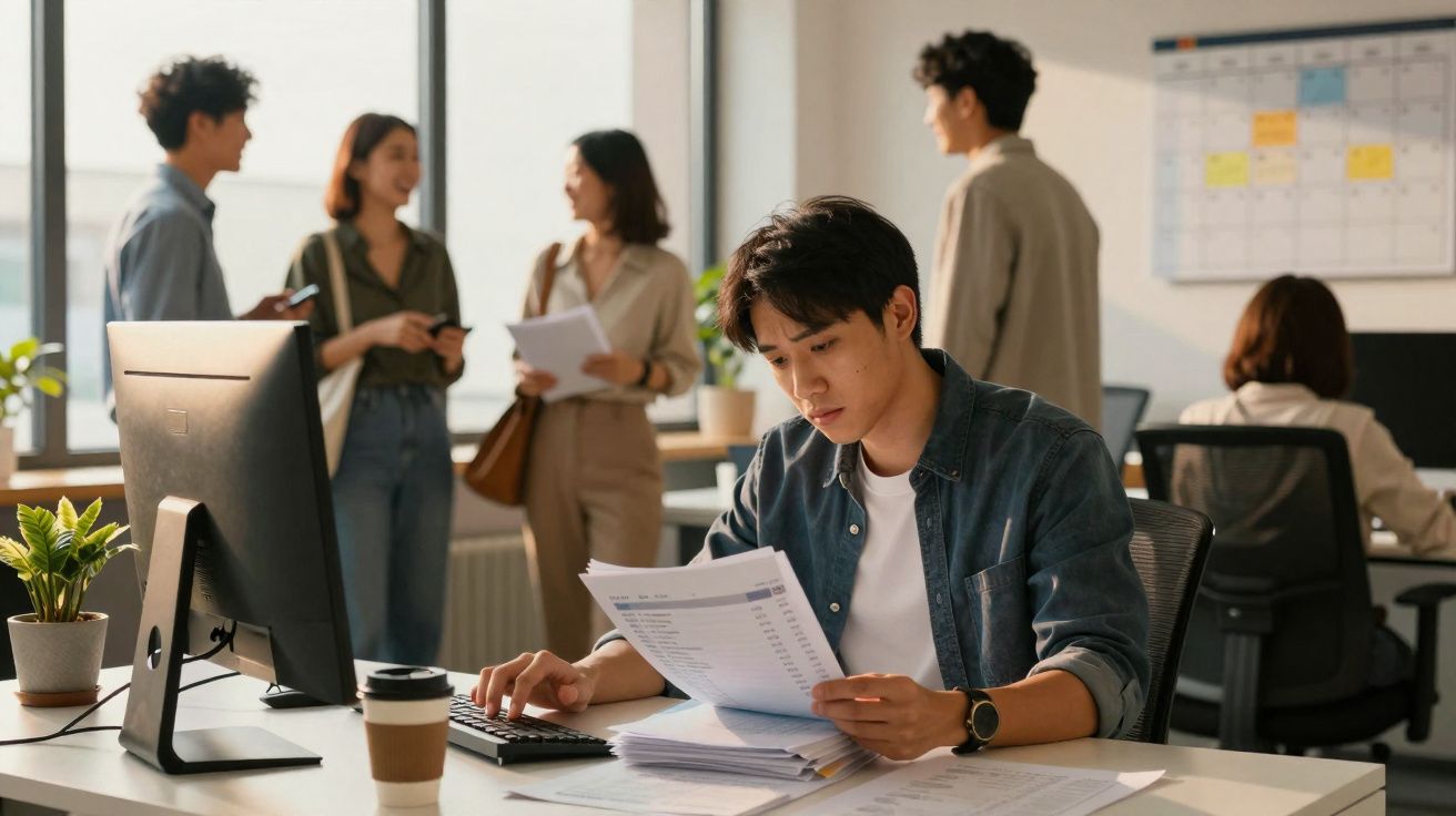 Jovem concentrado a trabalhar com documentos e computador num escritório moderno com colegas ao fundo.