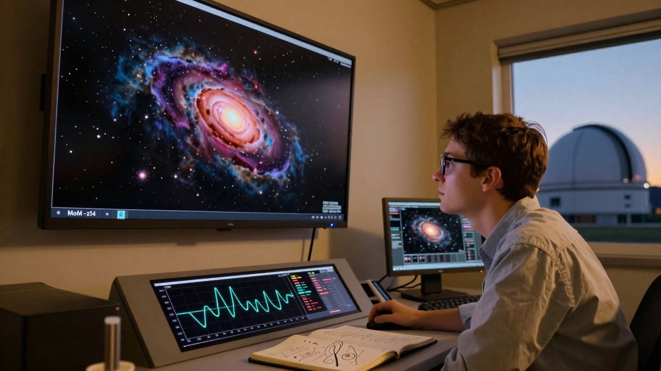 Jovem sentado em escritório a observar dados e imagem de galáxia numa grande tela frente a ele.