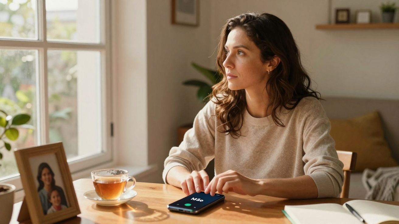 Mulher sentada à mesa, com chá, olhando para a janela enquanto segura um telemóvel com chamada ativa.