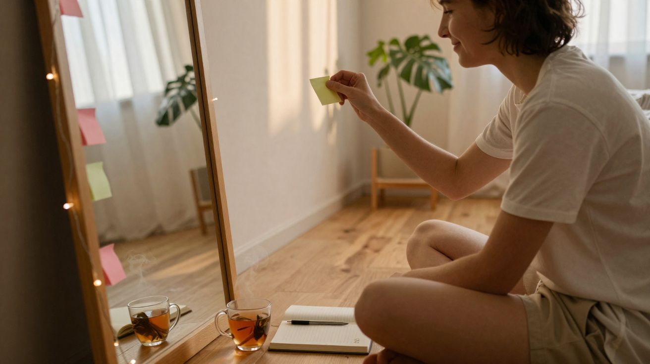 Pessoa sentada no chão junto a um espelho, colocando um post-it na parede, com chá e caderno ao lado.