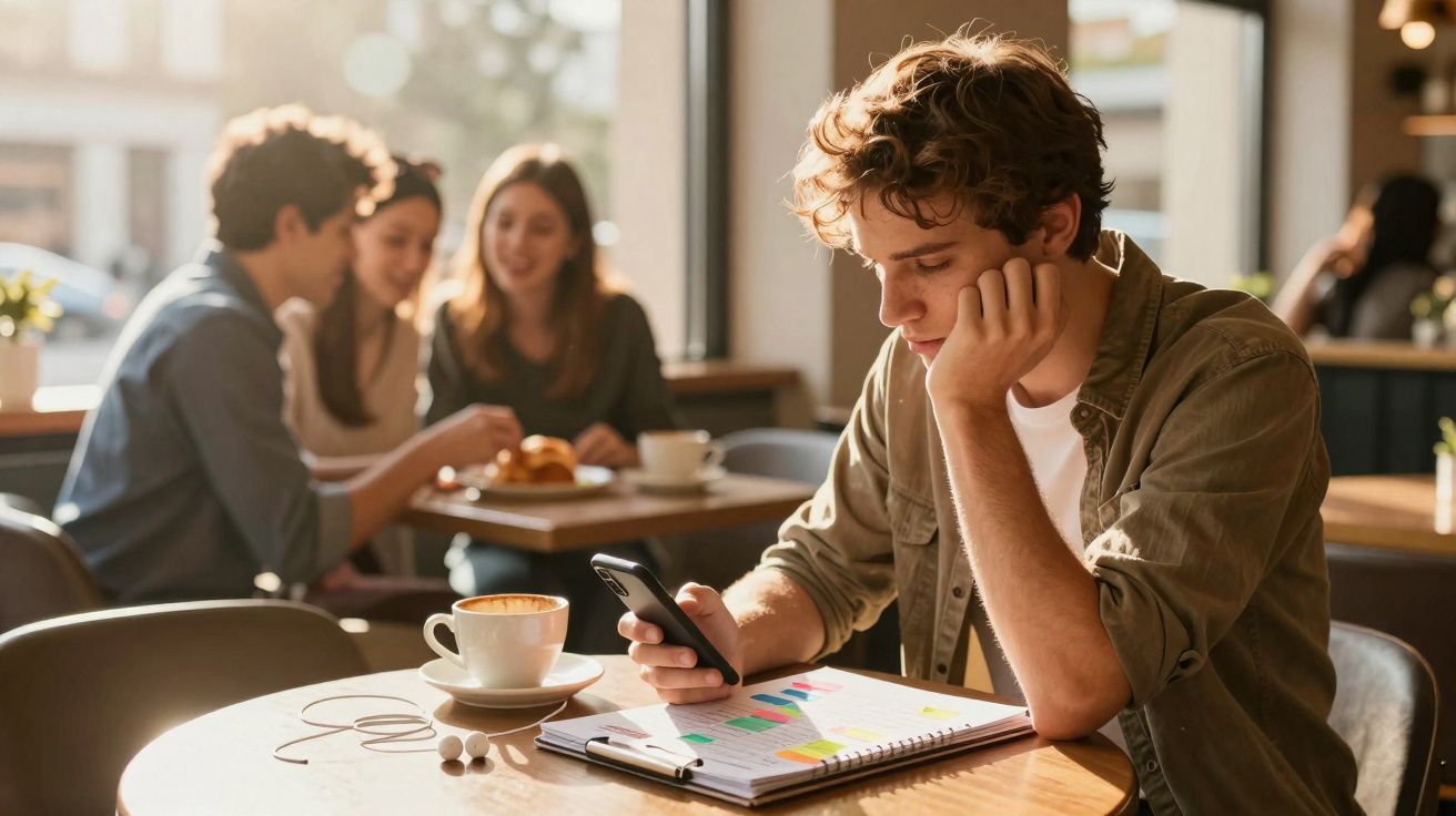 Jovem sentado numa cafetaria a olhar para o telemóvel com caderno colorido e café à frente.