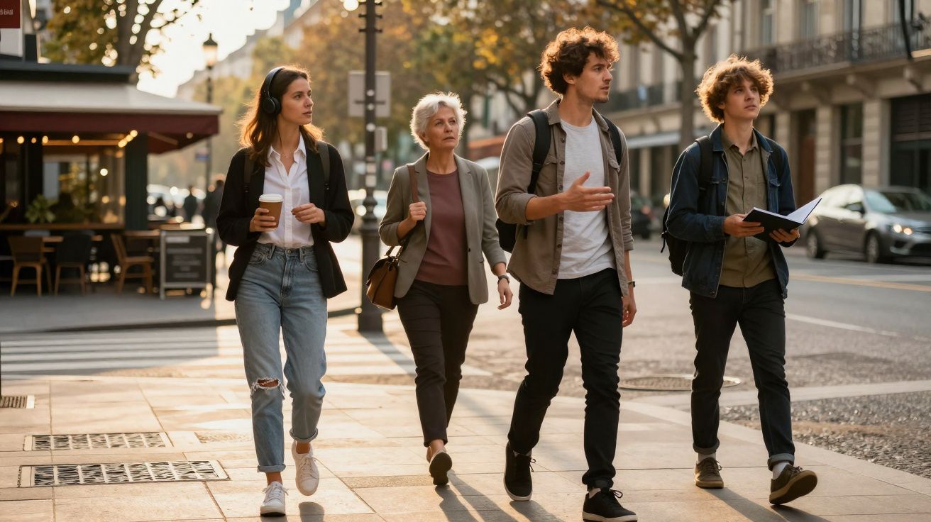 Quatro pessoas a caminhar numa rua urbana, duas mulheres e dois homens, numa tarde com luz quente de outono.