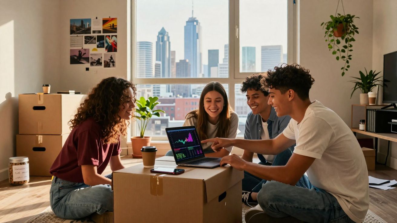 Quatro jovens sentados no chão de uma sala com caixas, olhando e discutindo gráficos no ecrã de um portátil.