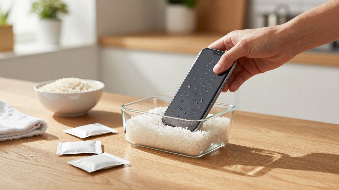 Telemóvel molhado a ser colocado num recipiente com arroz para secagem numa mesa de cozinha.