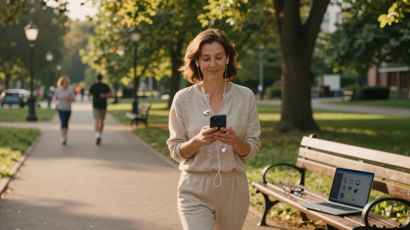 Mulher com roupa clara a ouvir música no parque, com telemóvel e auscultadores, e um computador portátil numa cadeira ao lado