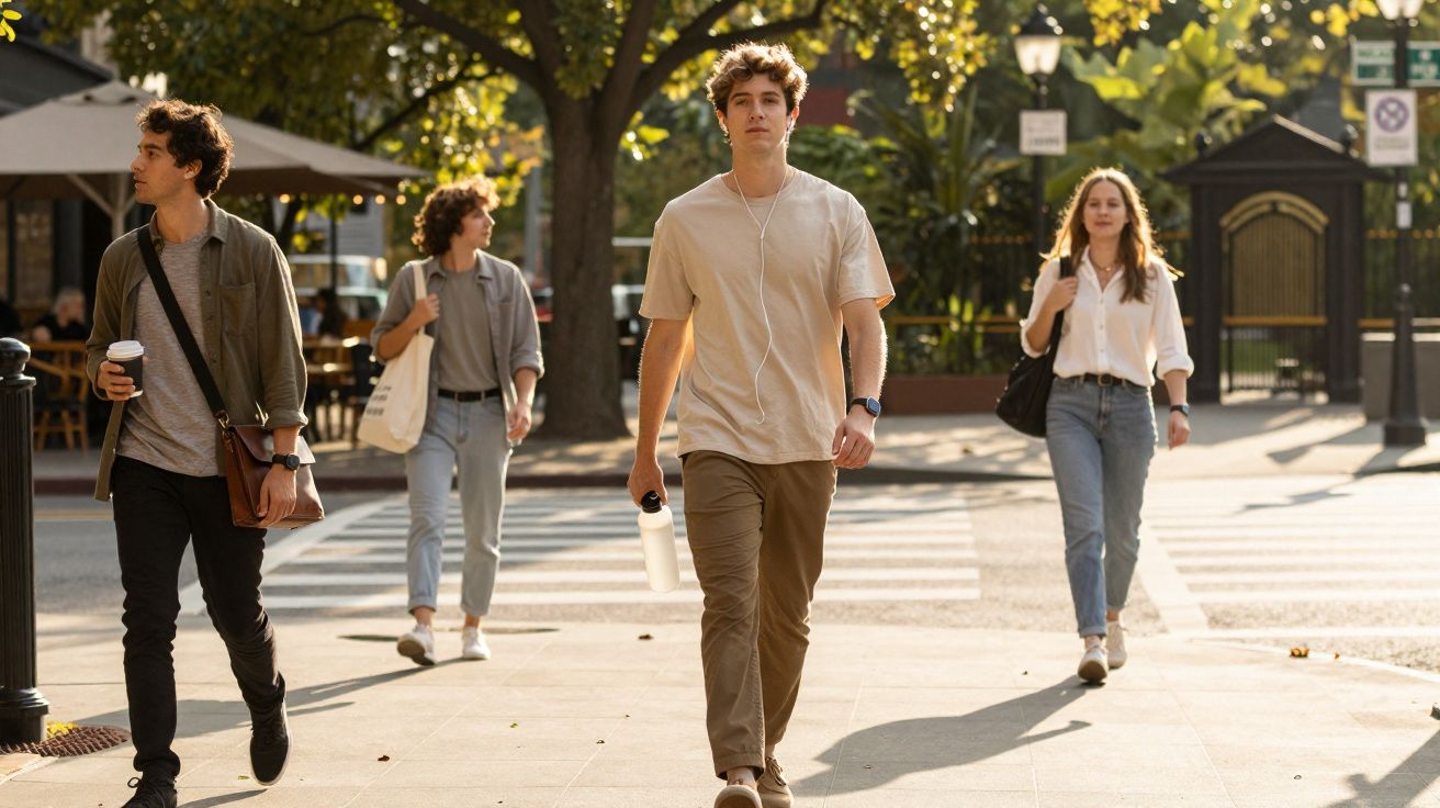 Quatro jovens a caminhar numa rua iluminada pelo sol, rodeados de árvores e edifícios urbanos.