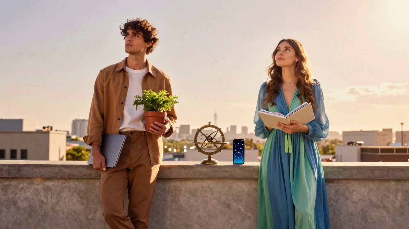 Dois jovens na cobertura ao pôr do sol, um com planta e outro a ler um livro.