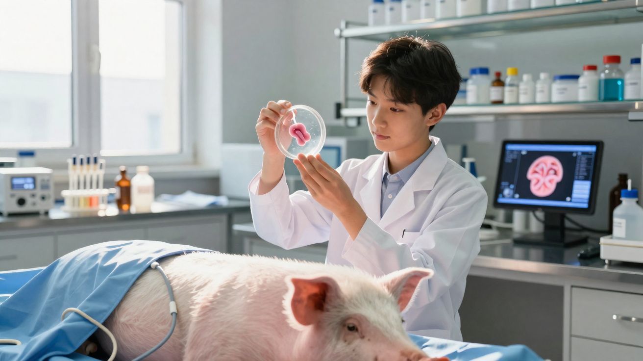 Cientista jovem analisa um cérebro em placa de Petri ao lado de porco deitado em laboratório.