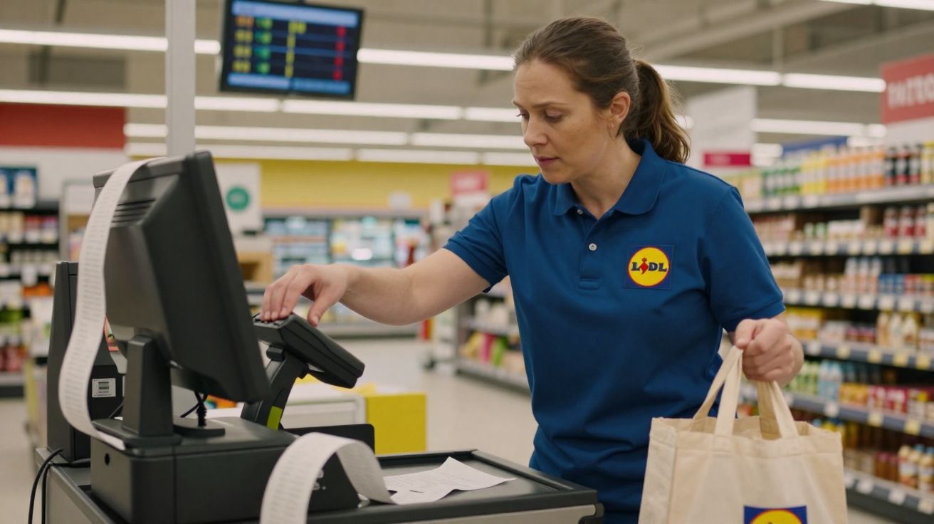 Funcionária do Lidl a passar artigos pela caixa num supermercado.