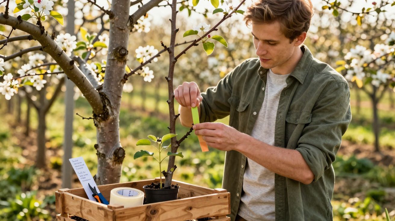 Homem rotulando planta jovem junto a árvore florida num pomar durante o dia.