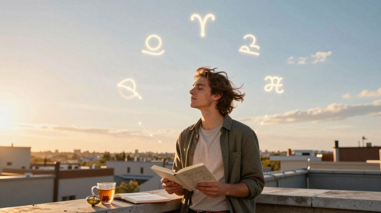 Jovem a ler livro com chá numa varanda, rodeado por símbolos zodiacais brilhantes ao pôr do sol.