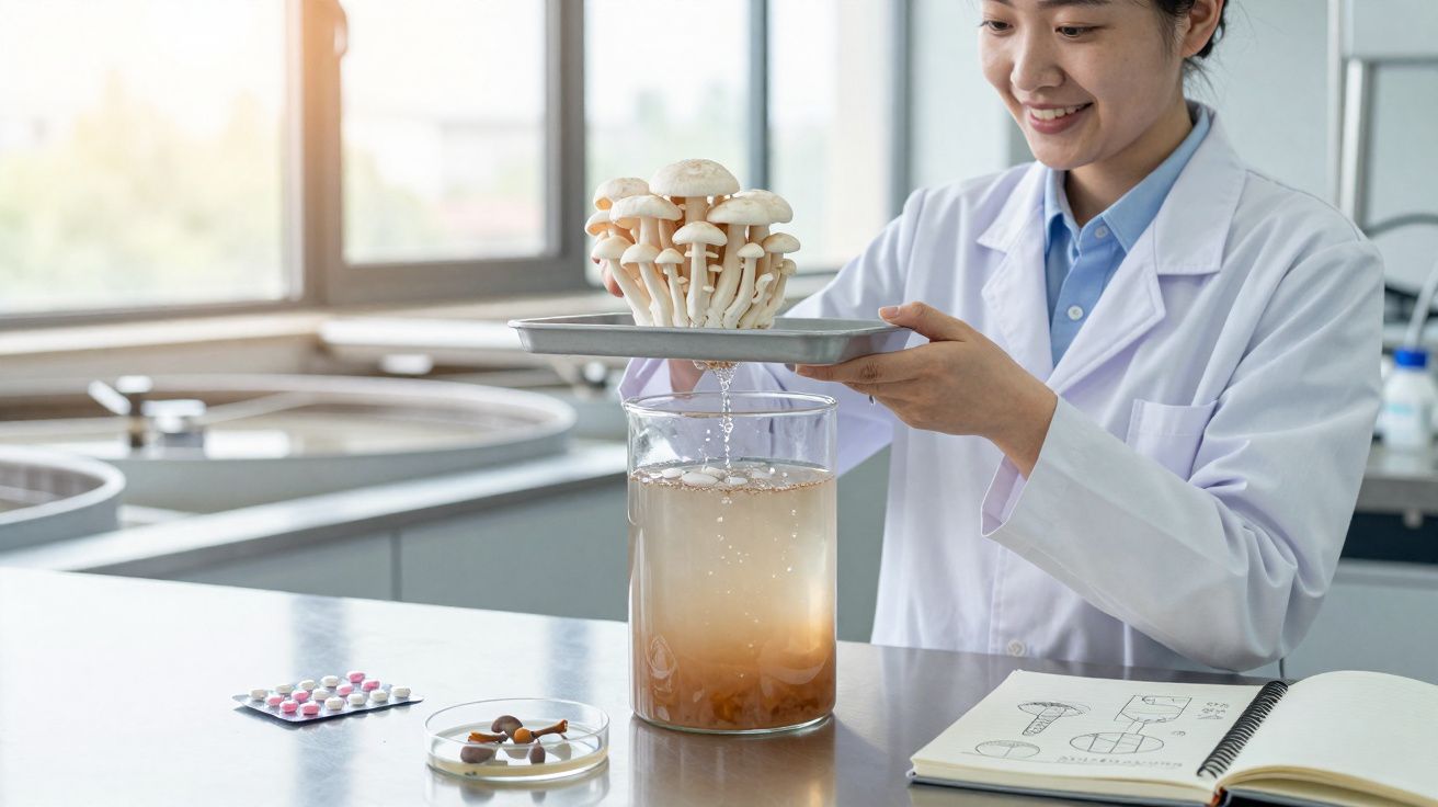 Cientista a manipular cogumelos brancos num laboratório com equipamento e caderno de anotações.