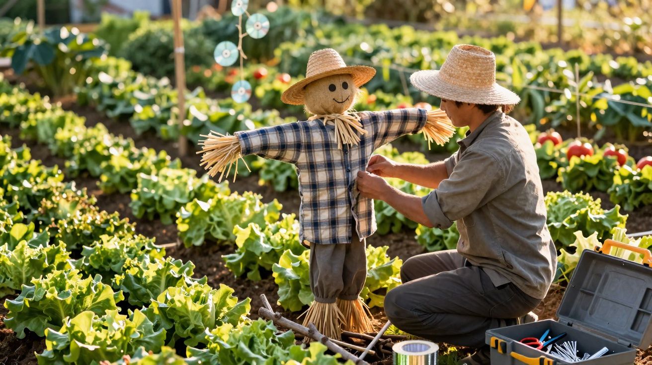 Homem com chapéu coloca camisa em espantalho num campo de hortaliças verdes ao pôr do sol.