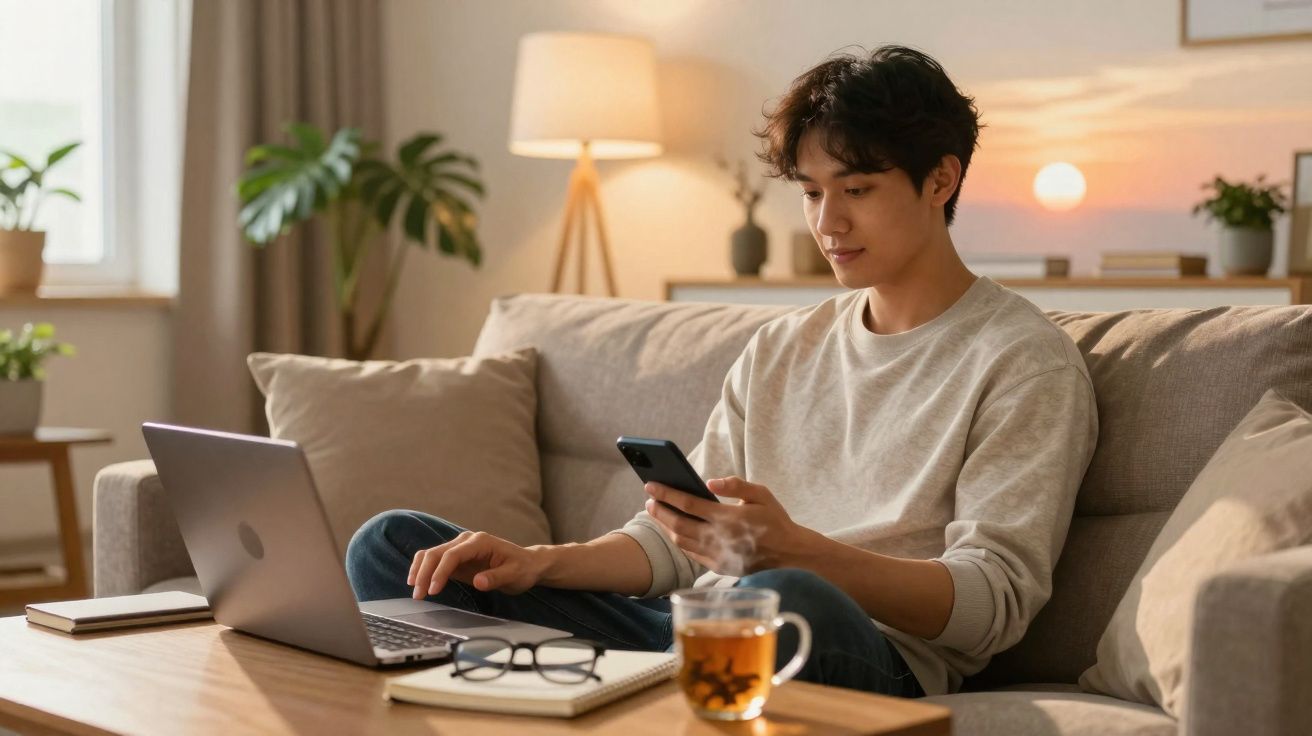 Jovem sentado no sofá a usar smartphone e computador portátil com chá e óculos na mesa à frente.