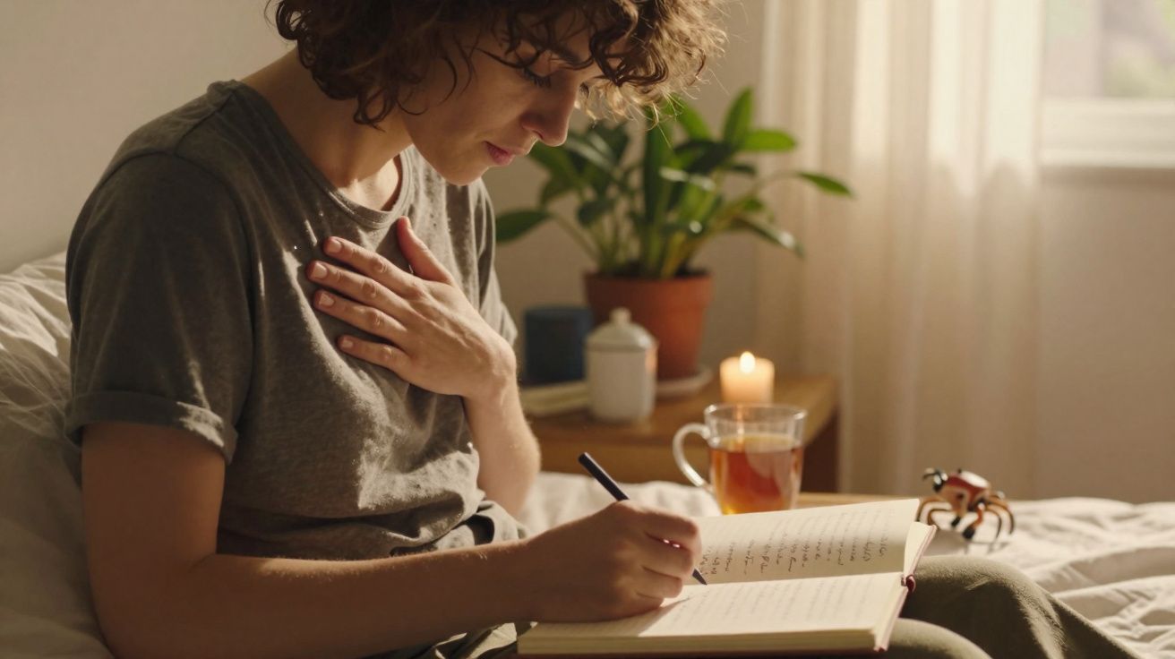 Pessoa sentada na cama, a escrever num diário com a mão no peito, ambiente acolhedor com vela e planta.