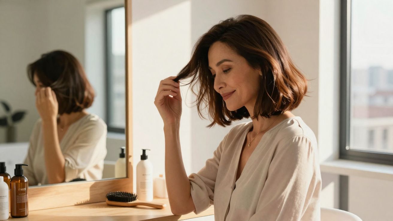 Mulher com cabelo curto castanho toca o cabelo, sentada à frente de um espelho em quarto iluminado.