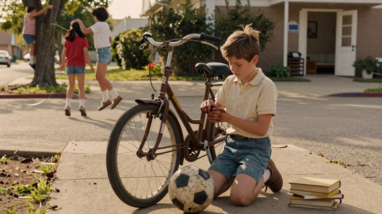 Menino ajoelhado junto a bicicleta e bola, enquanto outras crianças brincam ao fundo numa rua residencial.