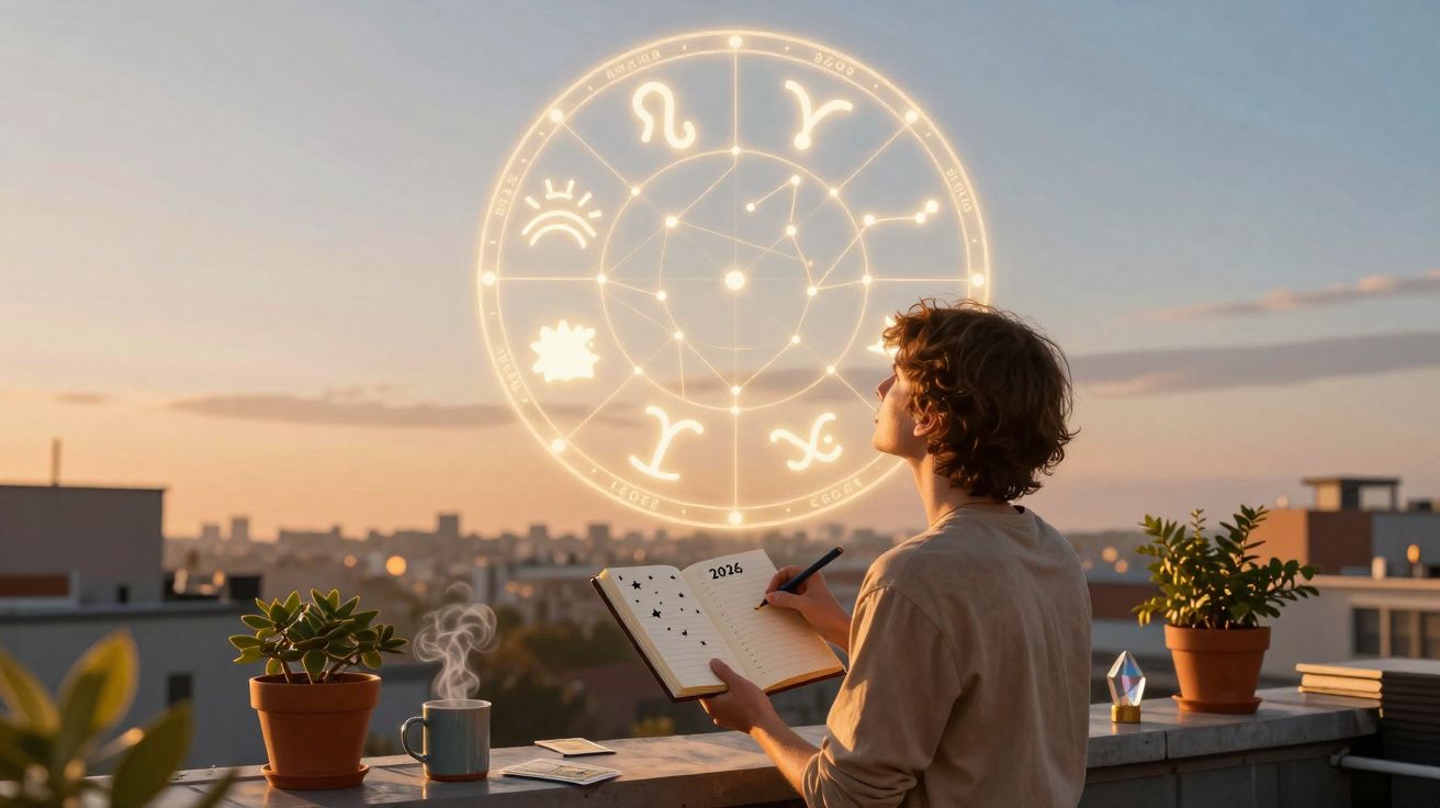 Pessoa a escrever num diário, rodeada por símbolos astrológicos iluminados ao pôr do sol no terraço.