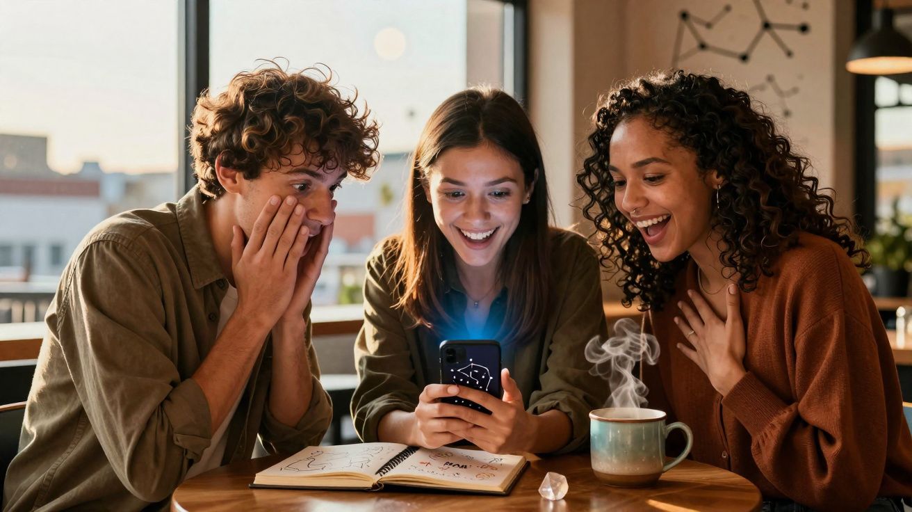 Três jovens sentados à mesa, olhar entusiasmado para um telemóvel, com chá fumegante à frente.