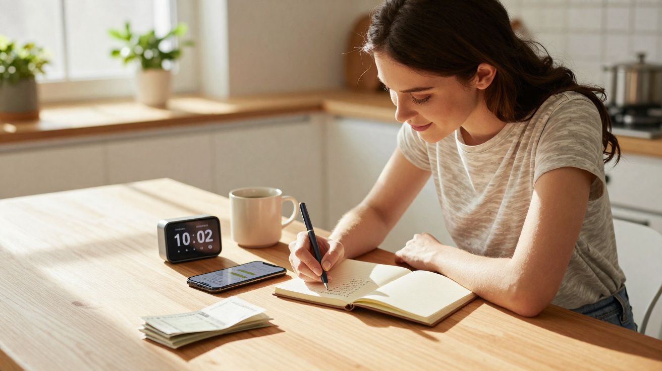 Mulher sorridente escreve num caderno sentada à mesa com telemóvel, relógio digital e chávena numa cozinha iluminada.