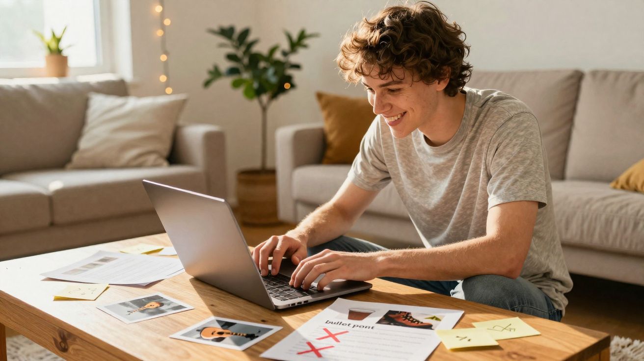 Jovem sorridente a trabalhar num portátil numa sala com mesa e documentos espalhados.
