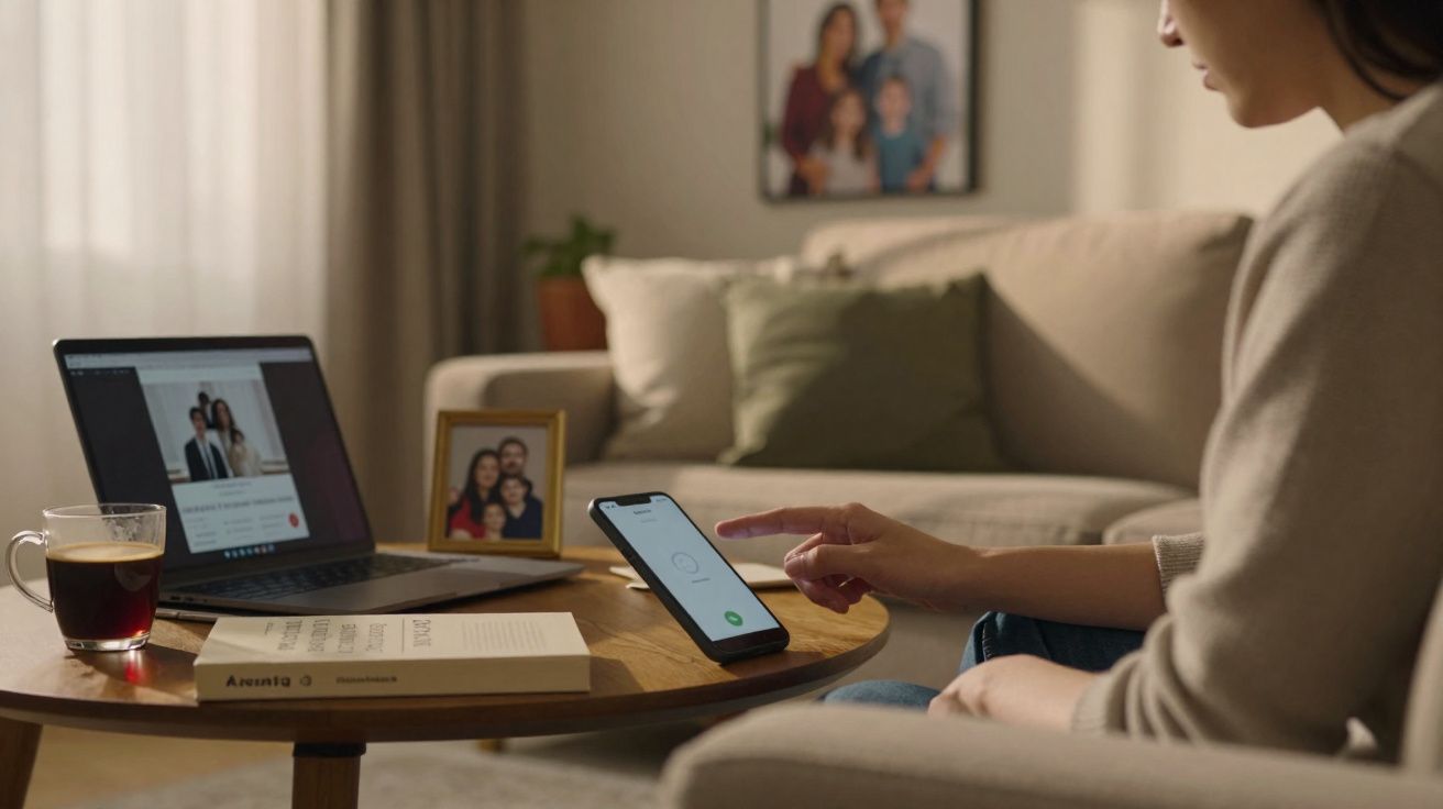 Pessoa a usar telemóvel numa sala com mesa, computador portátil, livro, chá e fotos de família ao fundo.