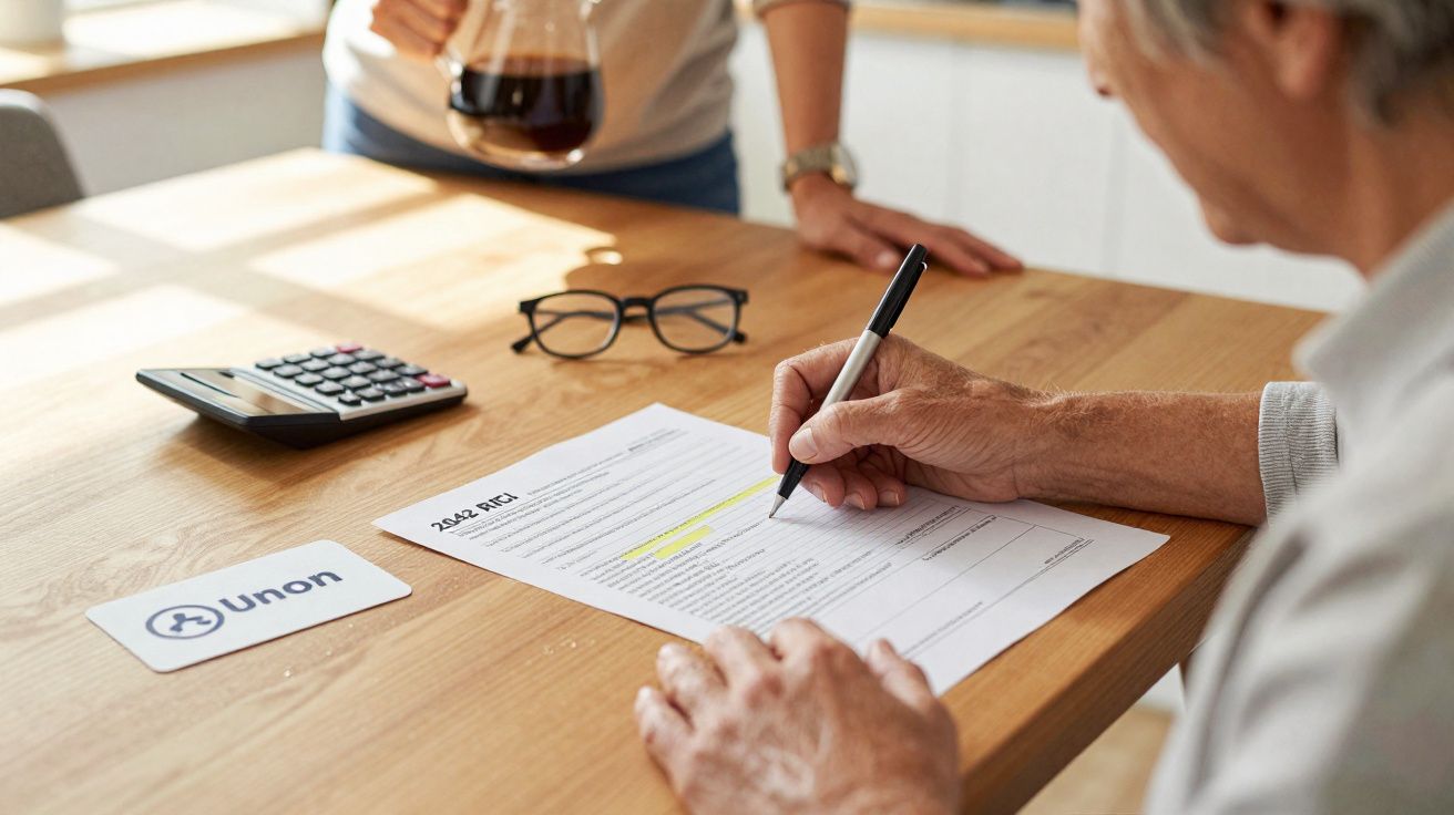 Pessoa a assinar documento numa mesa com calculadora, óculos e cartão da Unon.