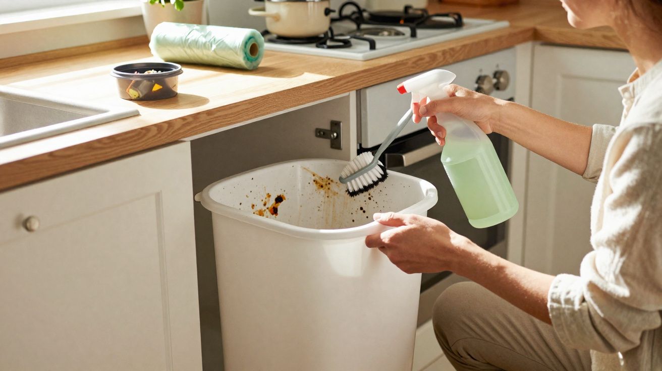 Pessoa a limpar uma lixeira suja na cozinha com escova e spray de limpeza.
