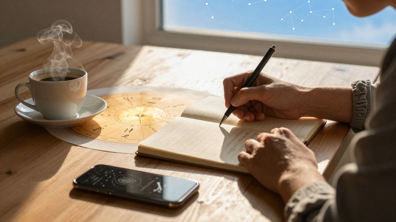 Pessoa a escrever num caderno perto de uma chávena de café fumegante e um telemóvel sobre uma mesa de madeira.