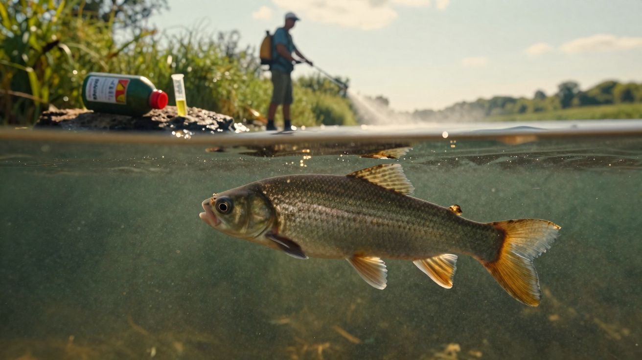 Peixe a nadar em água clara com pessoa em fundo a pulverizar plantas numa margem verdejante.