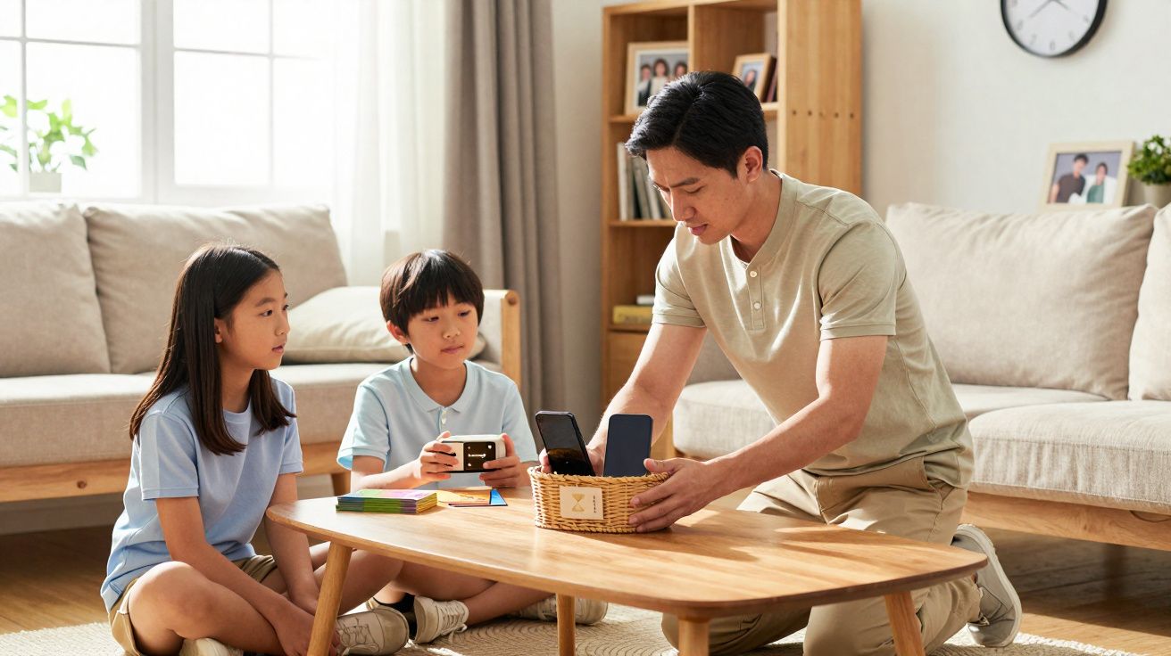 Pai e filhos sentados no chão da sala, a brincar com um jogo de tabuleiro na mesa de madeira clara.