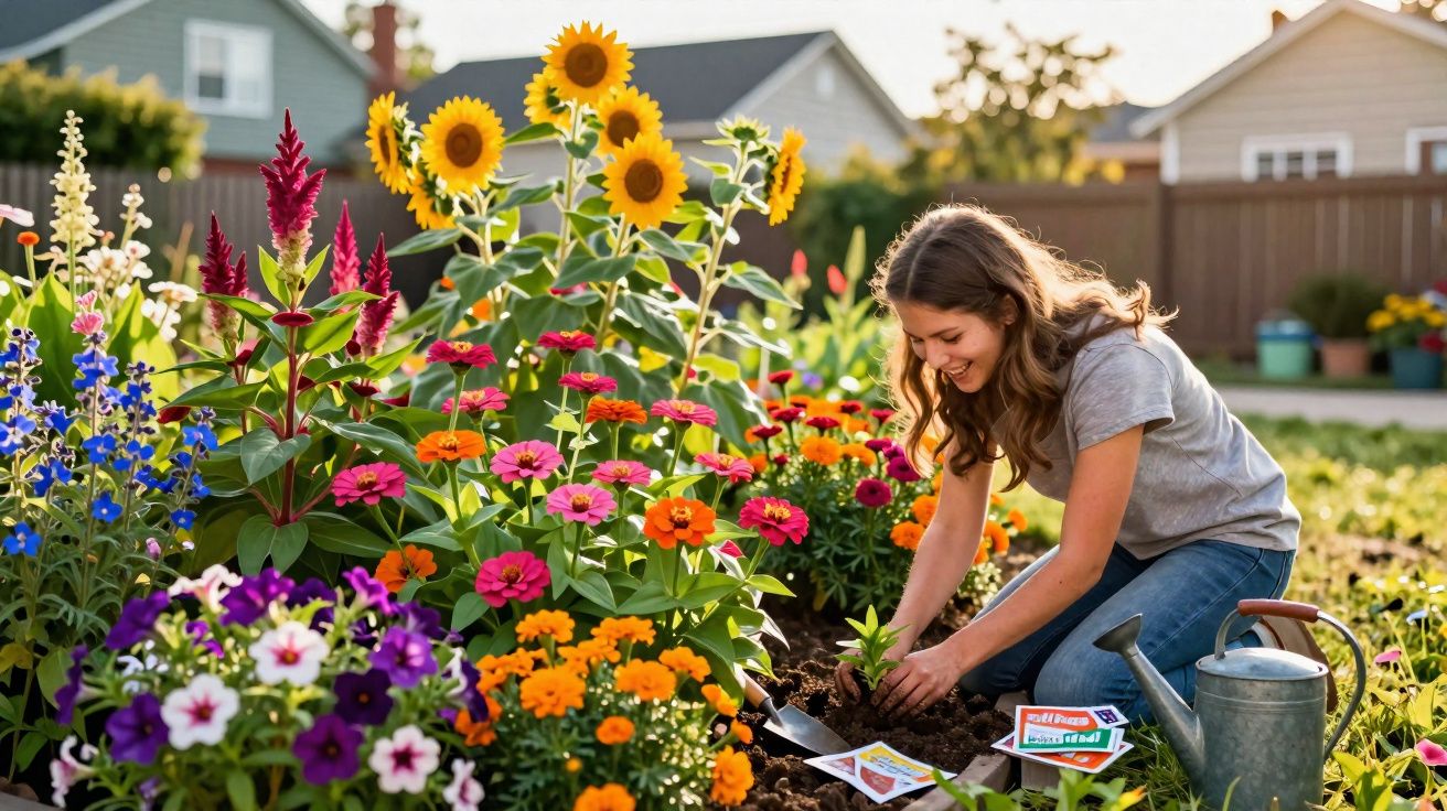 Jovem a plantar flores coloridas num jardim, rodeada por girassóis e um regador metálico.