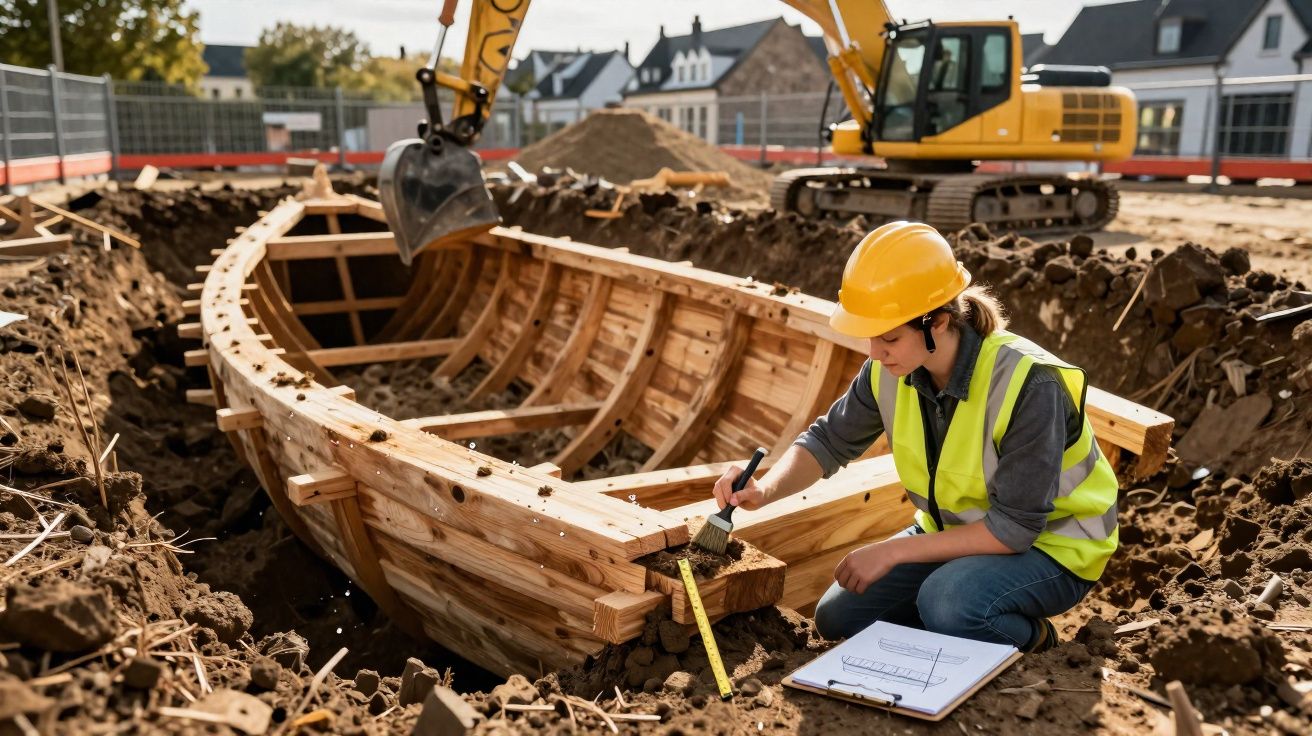 Mulher com capacete e colete a pintar estrutura de madeira de barco em construção num estaleiro.