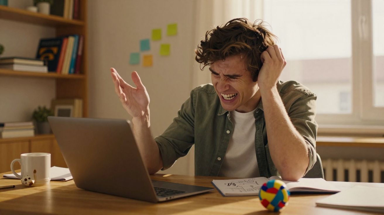 Jovem com expressão frustrada a olhar para o computador num ambiente de escritório em casa.