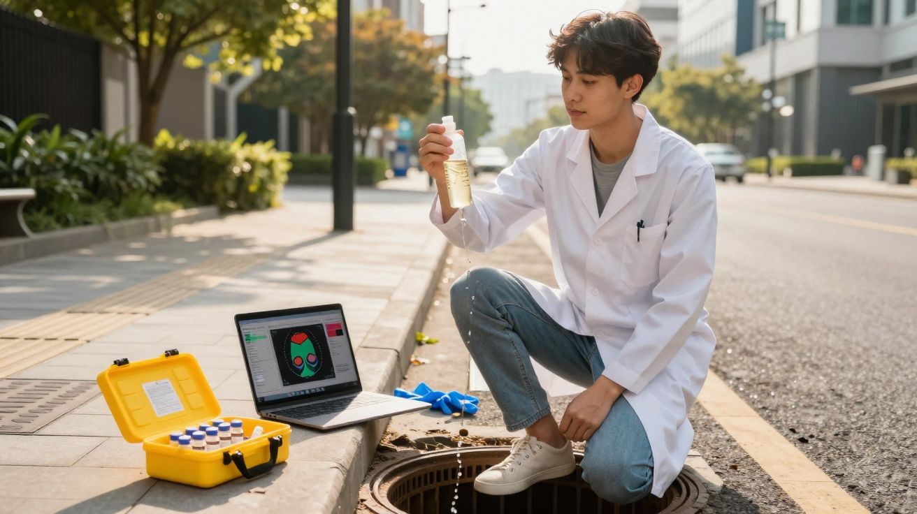 Cientista com bata branca recolhe amostra de água de esgoto para análise junto a computador portátil na rua.