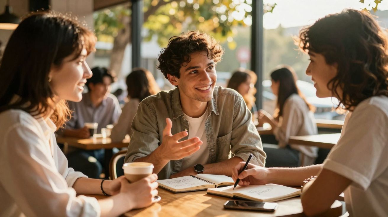 Grupo de jovens a conversar e tomar notas numa mesa de café com luz natural.
