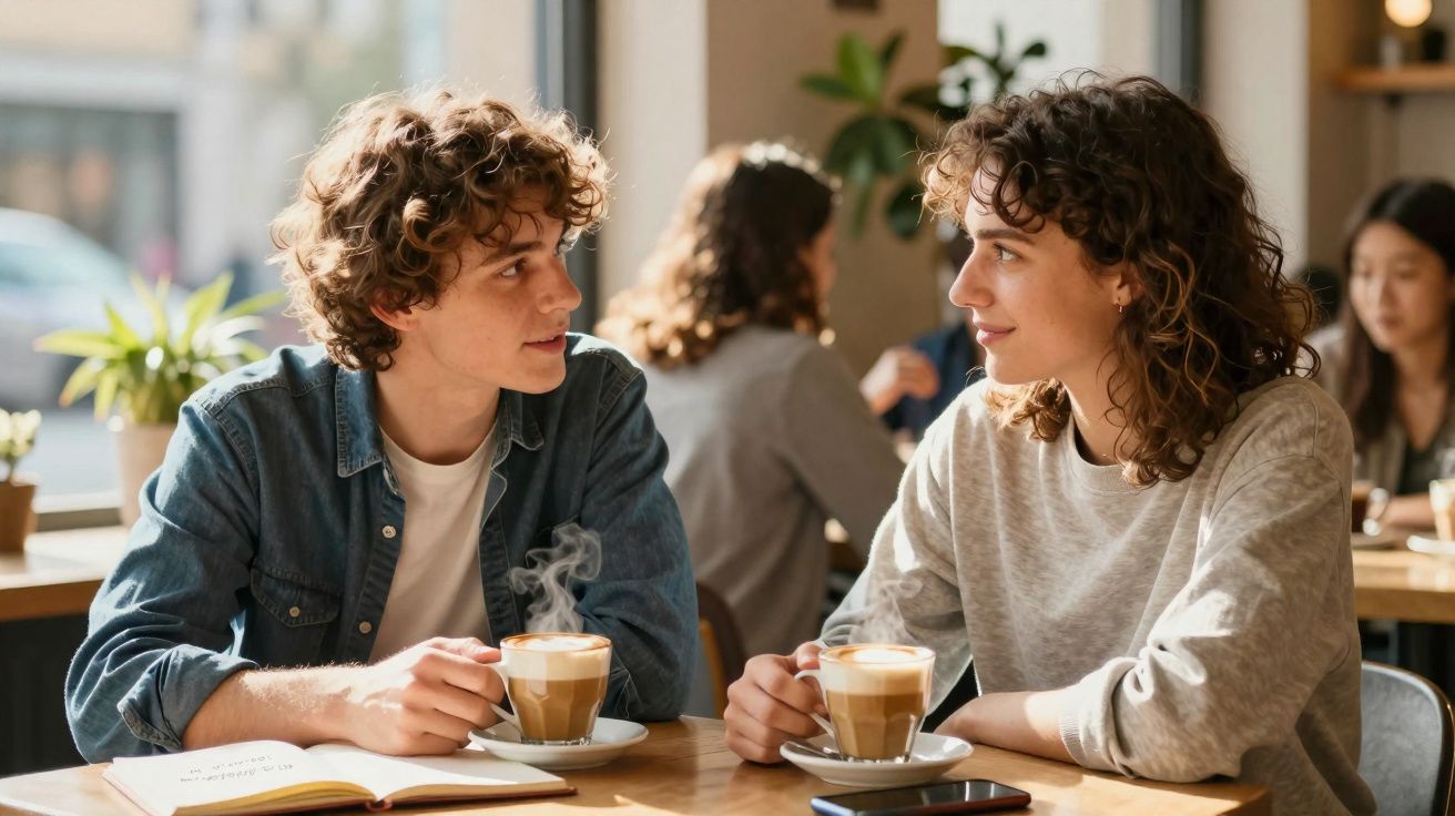 Jovem casal conversa na cafetaria, cada um com uma chávena de café quente à sua frente.