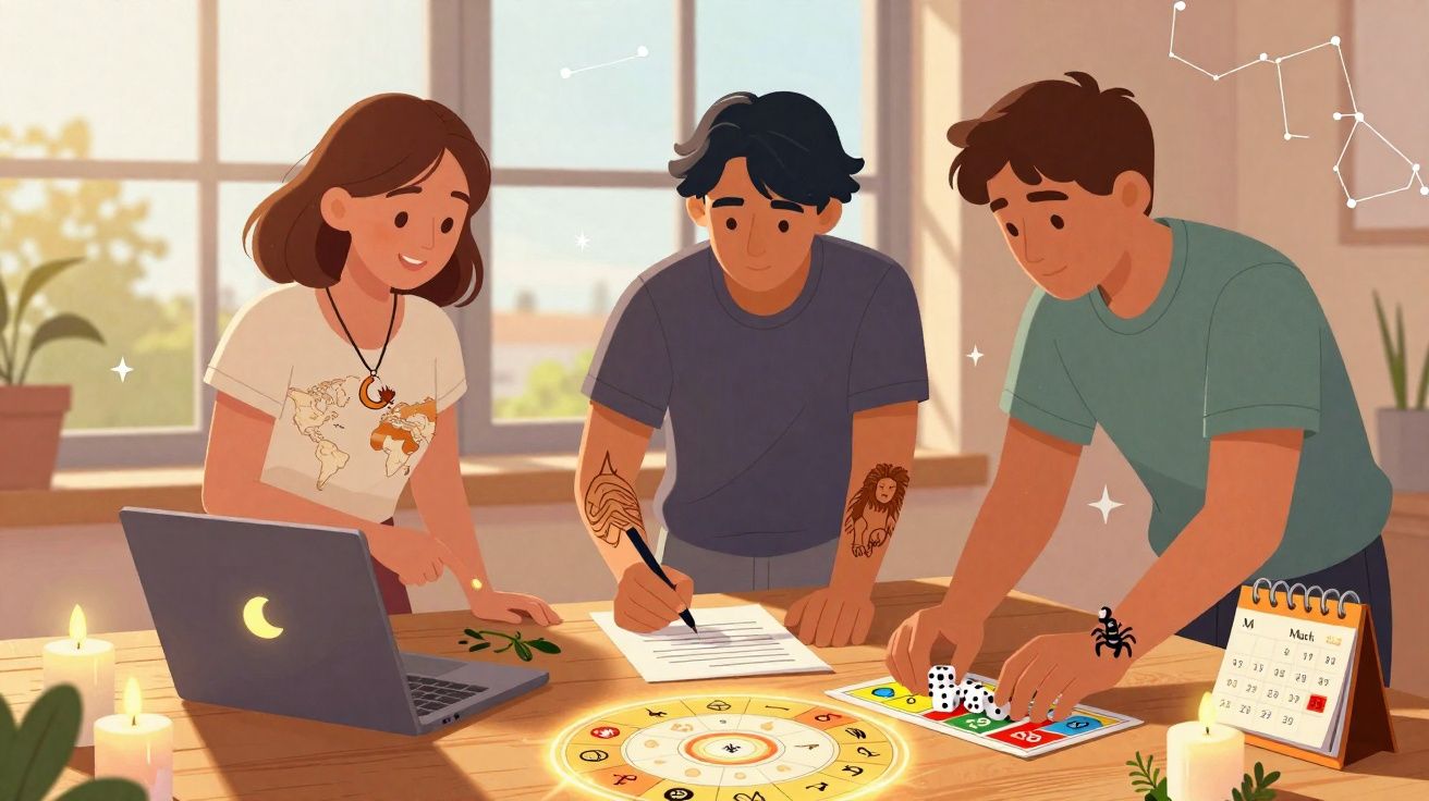 Três jovens à volta de mesa com elementos de astrologia, dados, calendário e laptop num ambiente iluminado por velas.