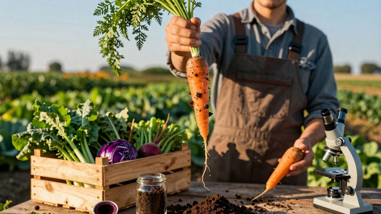 Agricultor a segurar cenoura suja com solo numa horta, à frente caixa de legumes e microscópio.
