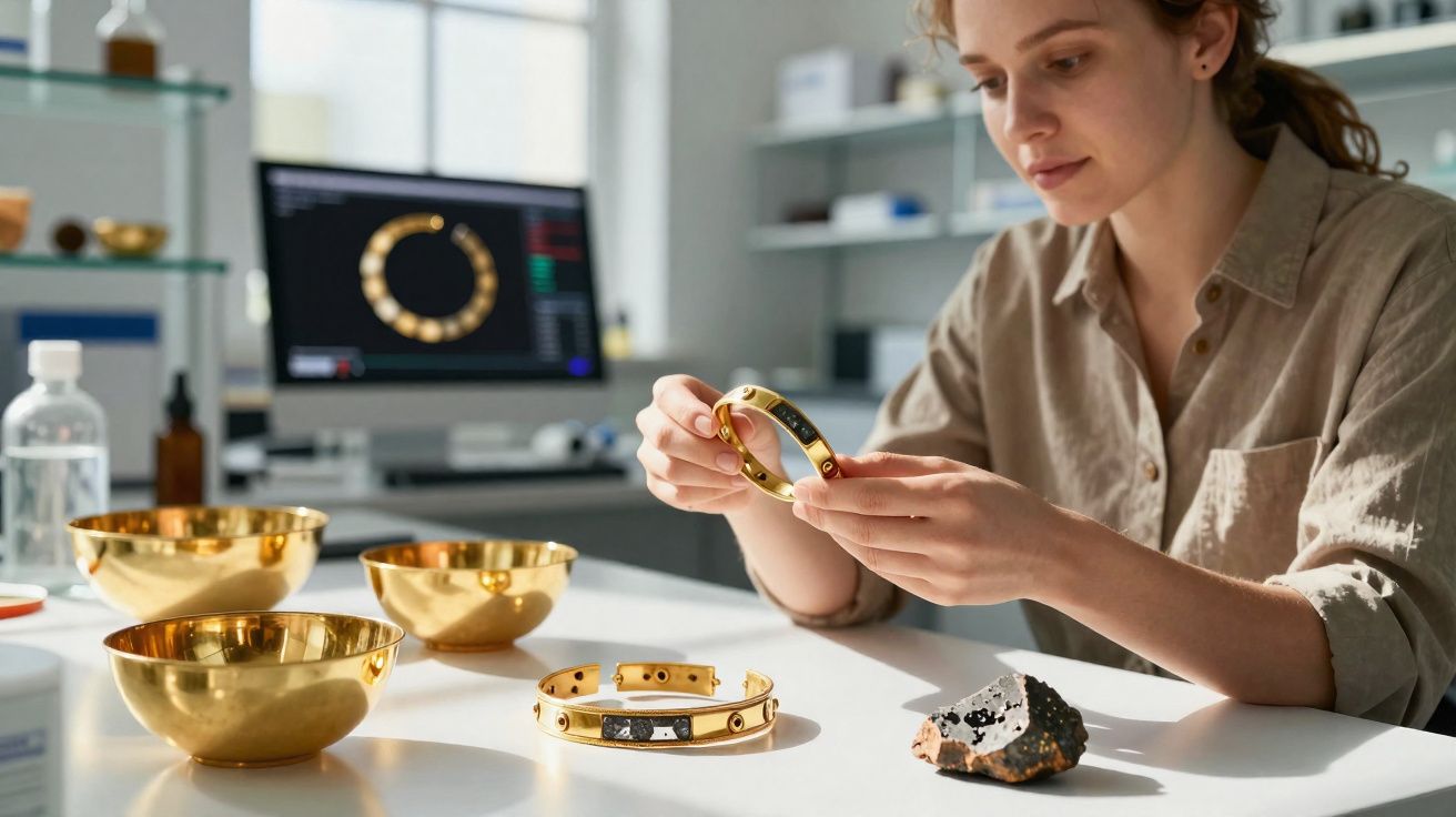 Mulher a examinar uma pulseira dourada numa mesa com outras joias e objetos científicos ao fundo.