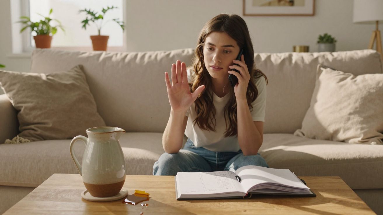 Mulher sentada a falar ao telefone com livro aberto e caneca partida na mesa à frente, em casa.