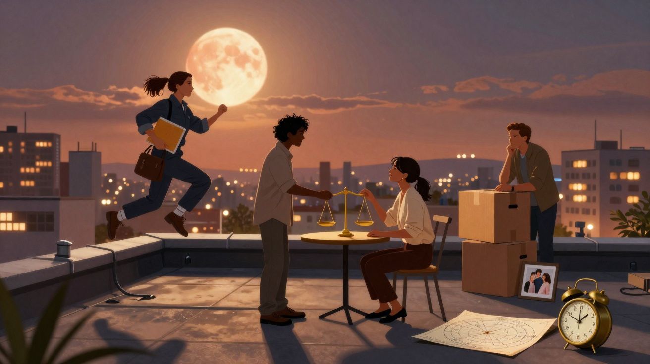 Cinco pessoas num terraço ao entardecer com balança, papéis, caixas, relógio e lua cheia ao fundo.