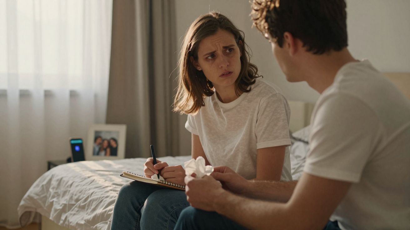 Mulher com expressão preocupada escreve num caderno enquanto homem lhe entrega um lenço num quarto iluminado.
