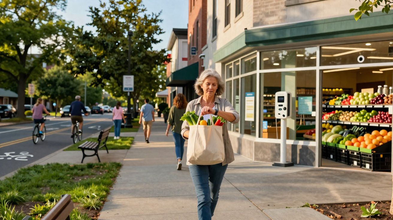 Mulher a caminhar com saco de compras cheio de legumes junto a loja de frutas numa rua movimentada.