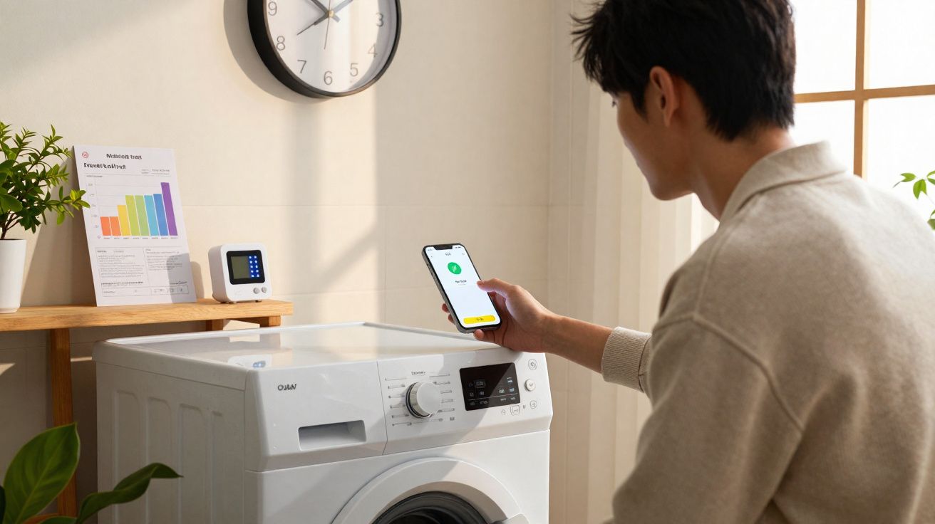 Homem controla máquina de lavar branca com aplicação no telemóvel numa divisão iluminada por luz natural.