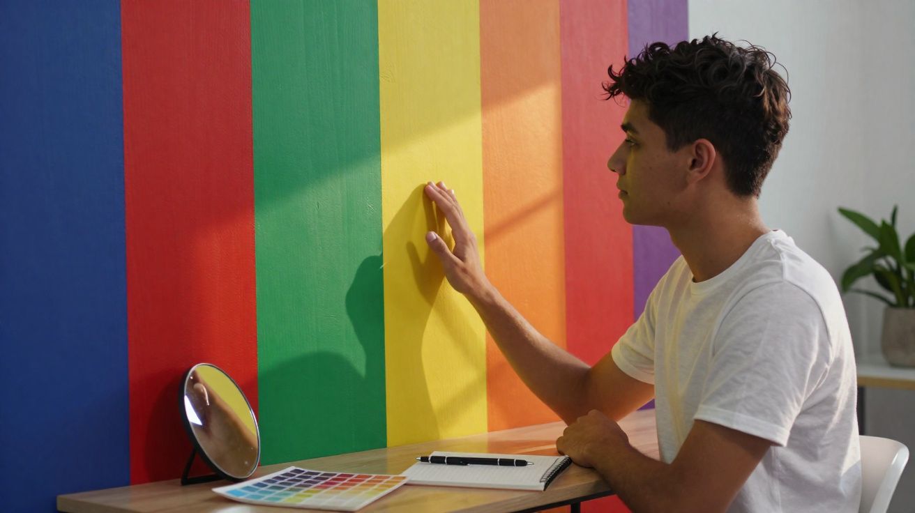 Jovem sentado de frente para uma parede com riscas coloridas, tocando a risca amarela com a mão direita.