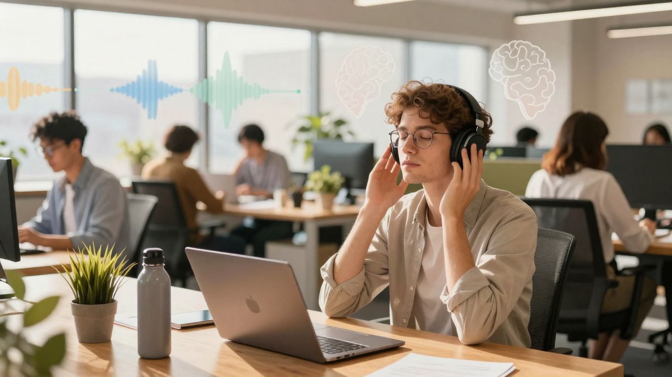 Jovem com auscultadores no escritório a ouvir música, rodeado de colegas a trabalhar e ondas sonoras ilustradas.