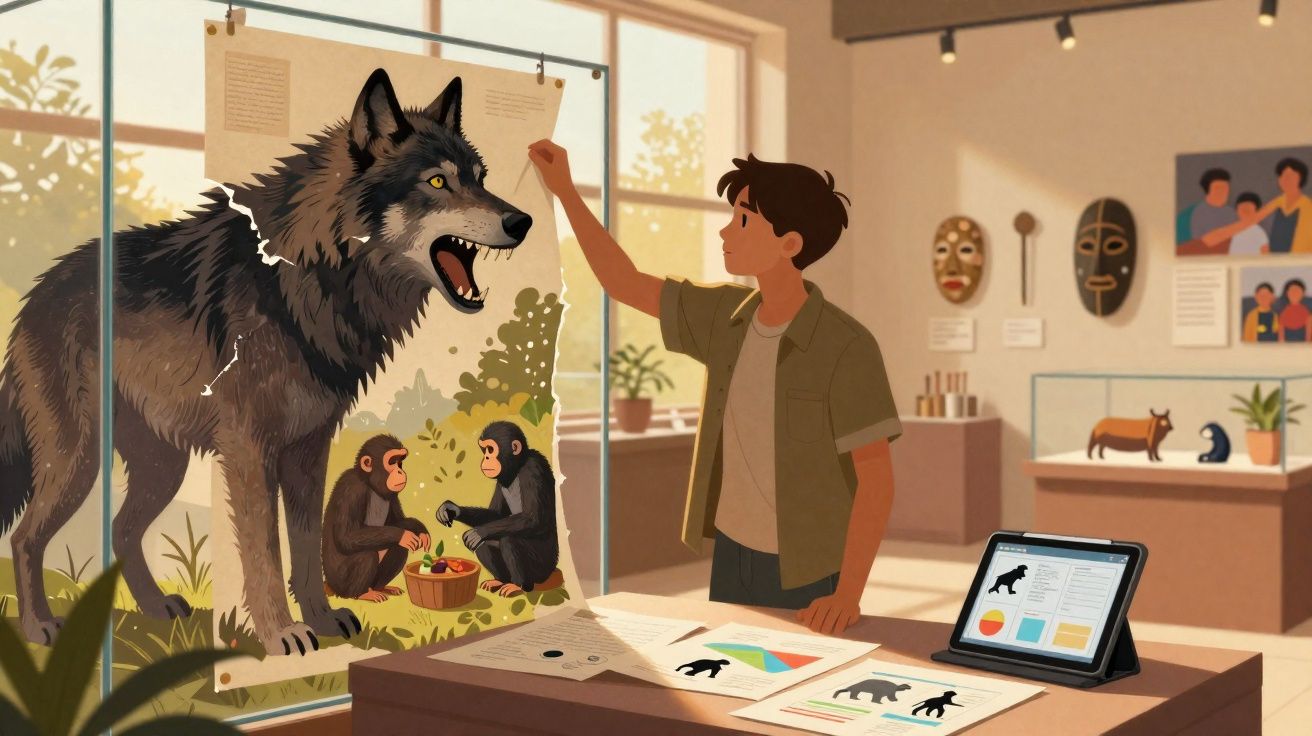 Jovem estuda ilustração de lobo e chimpanzés em sala de exposição com máscaras africanas na parede.